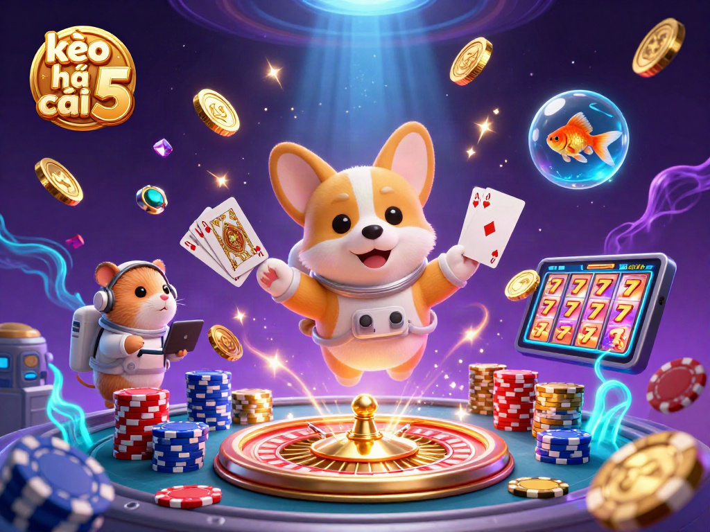 Experience thrilling kèo nhà cái 5 gameplay with a floating astronaut corgi amidst dazzling casino elements.