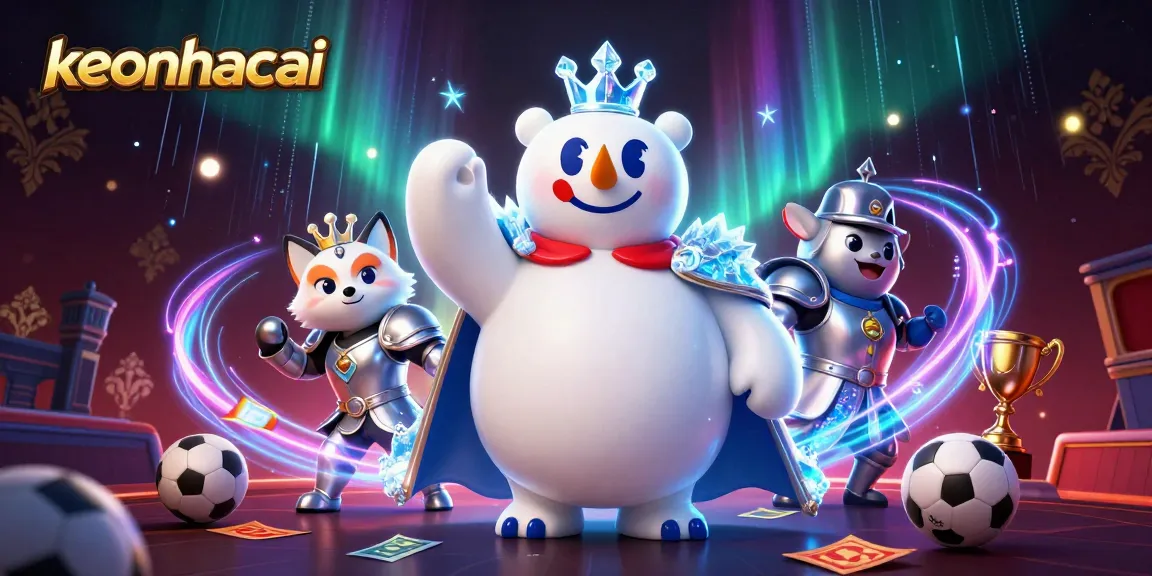 Engaging scene showcasing keonhacai with a cartoon ice king bear and fox, surrounded by sports betting elements.