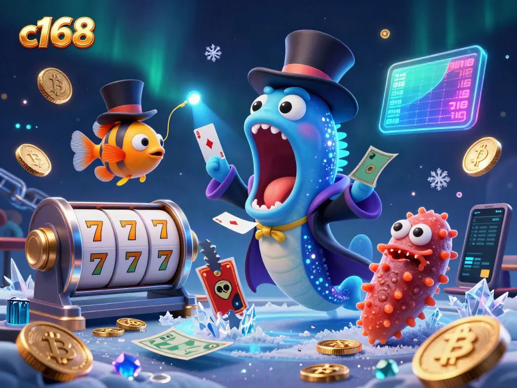 Engage in casino magic with c168 as a gulper eel showcases card tricks amidst glowing crypto elements.