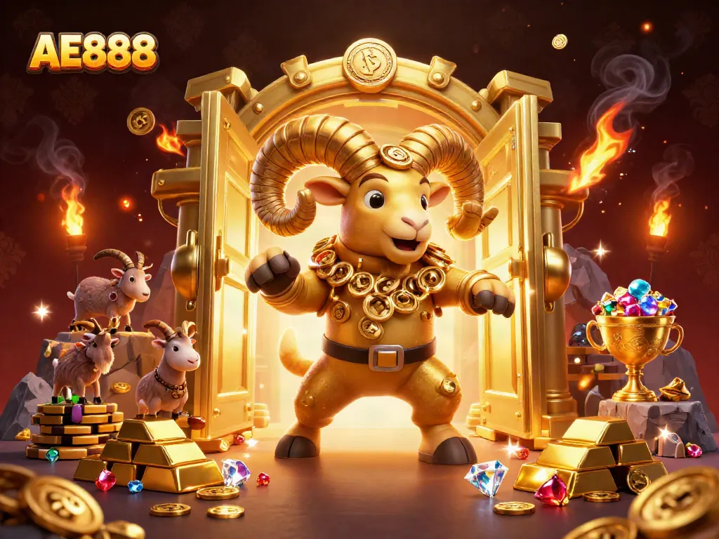 Experience the thrill of gambling with AE888 featuring a dynamic scene of a majestic golden ram and treasure.