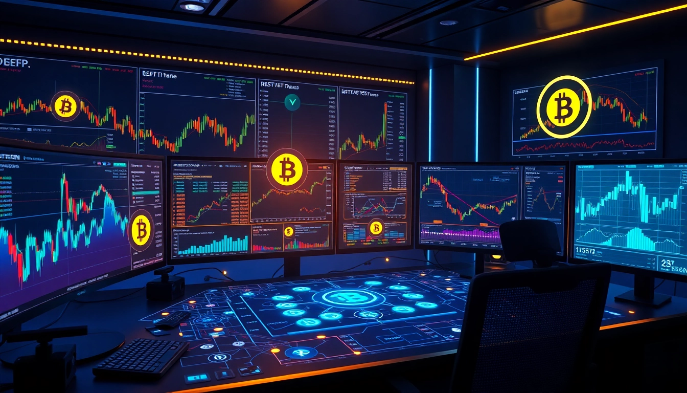 Bitcoin trading chart with various cryptocurrency symbols, showcasing a secure digital wallet in a futuristic finance environment.