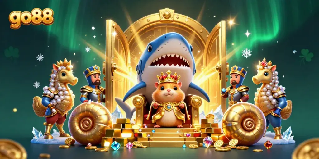 Engage with go88's vibrant casino experience featuring a golden hamster king and treasure in a grand scene.