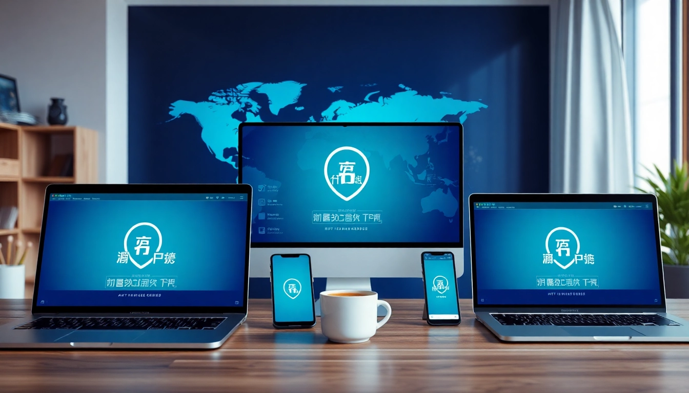 在现代工作空间中多设备显示的快连官网 VPN 界面。