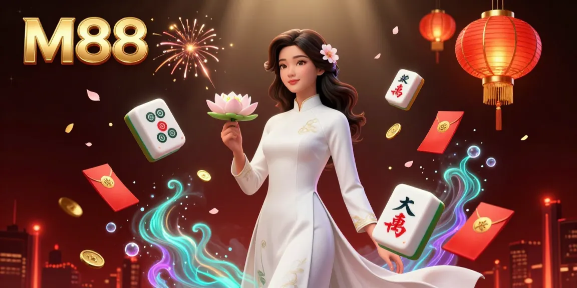 M88 celebrates online gambling with an elegant Asian woman and dynamic casino elements like mahjong tiles, lanterns, and coins.