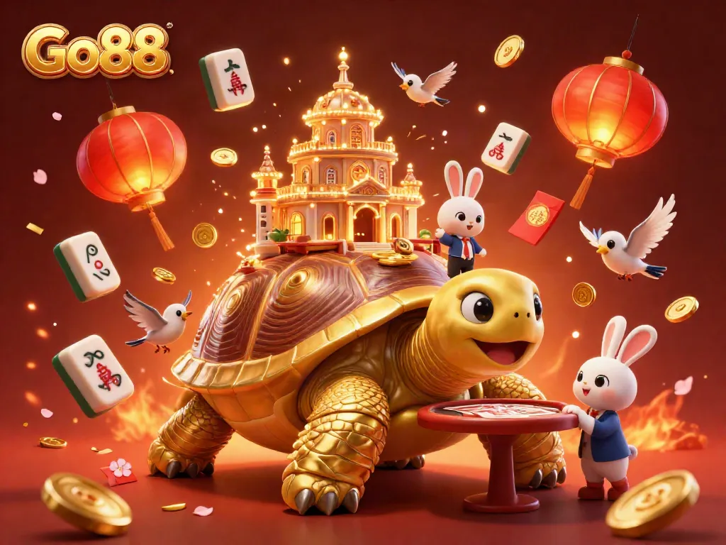 Experience the vibrant world of Go88 with a playful casino scene featuring a golden tortoise and a rabbit dealer.