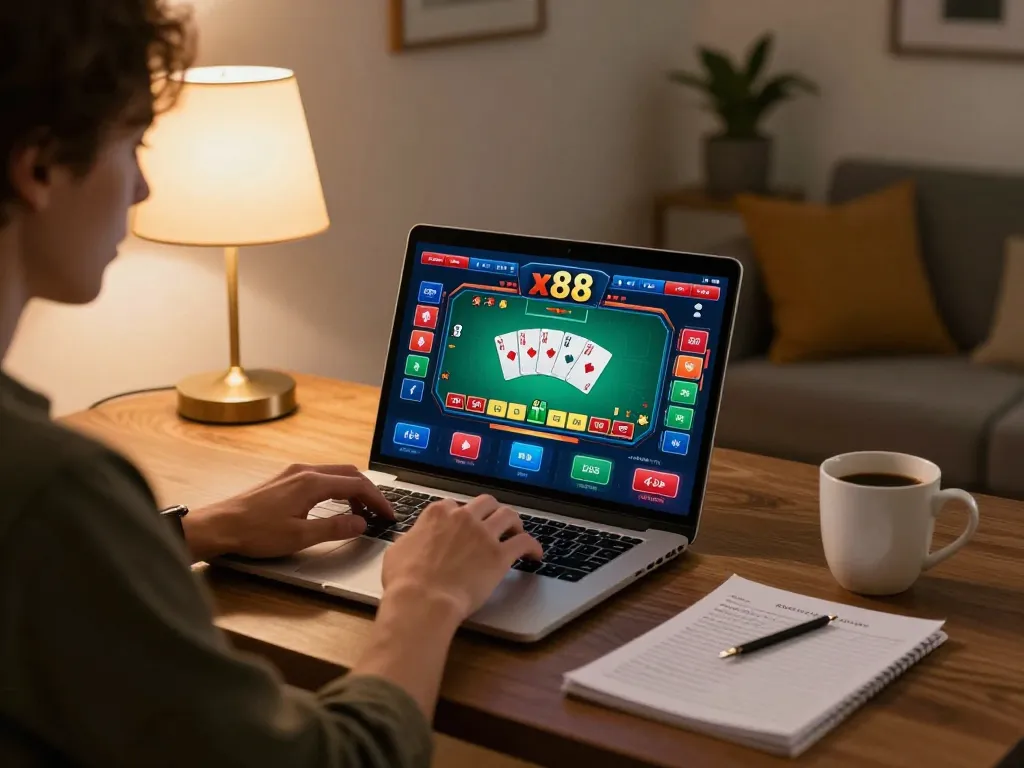 Player engaging in an exciting x88 poker game online, showcasing a dynamic home gaming atmosphere