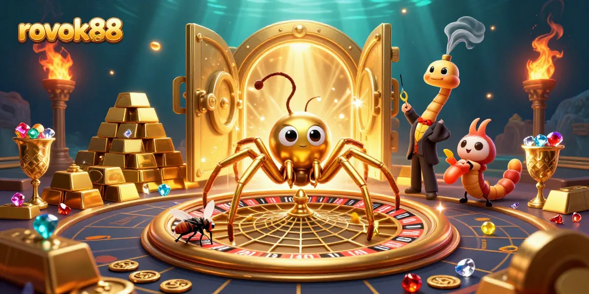 Experience thrilling bets at rokok88 with a lively scene of a golden spider dealer and dynamic gambling action.