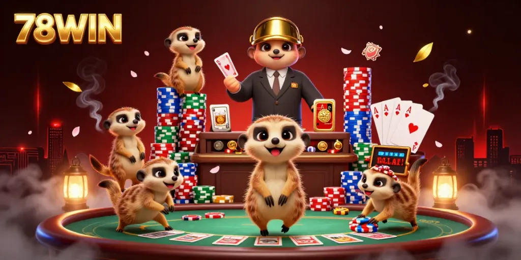 Experience the excitement of 78WIN casino with meerkats running a dynamic gambling operation.