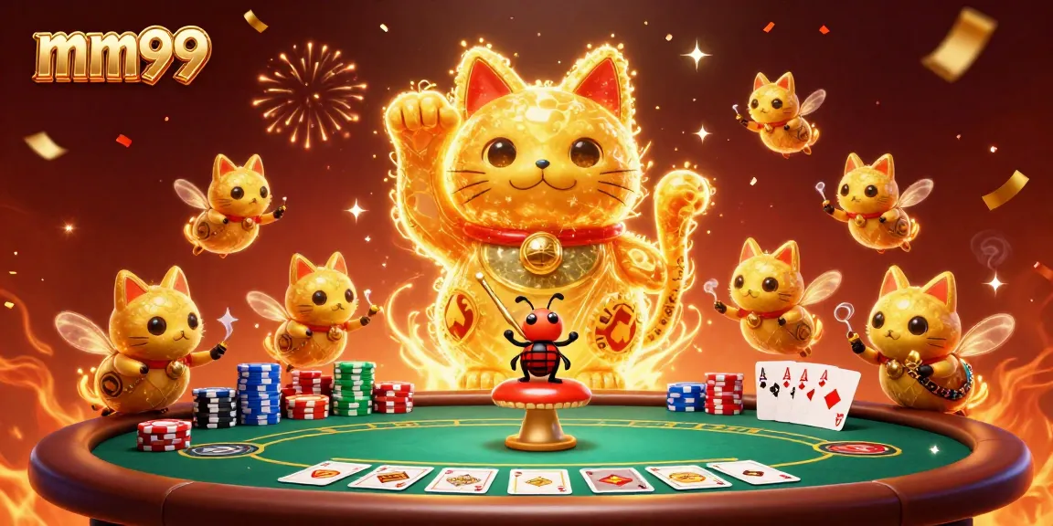 Engage in excitement at mm99, with a dynamic casino scene featuring golden fireflies and poker elements.