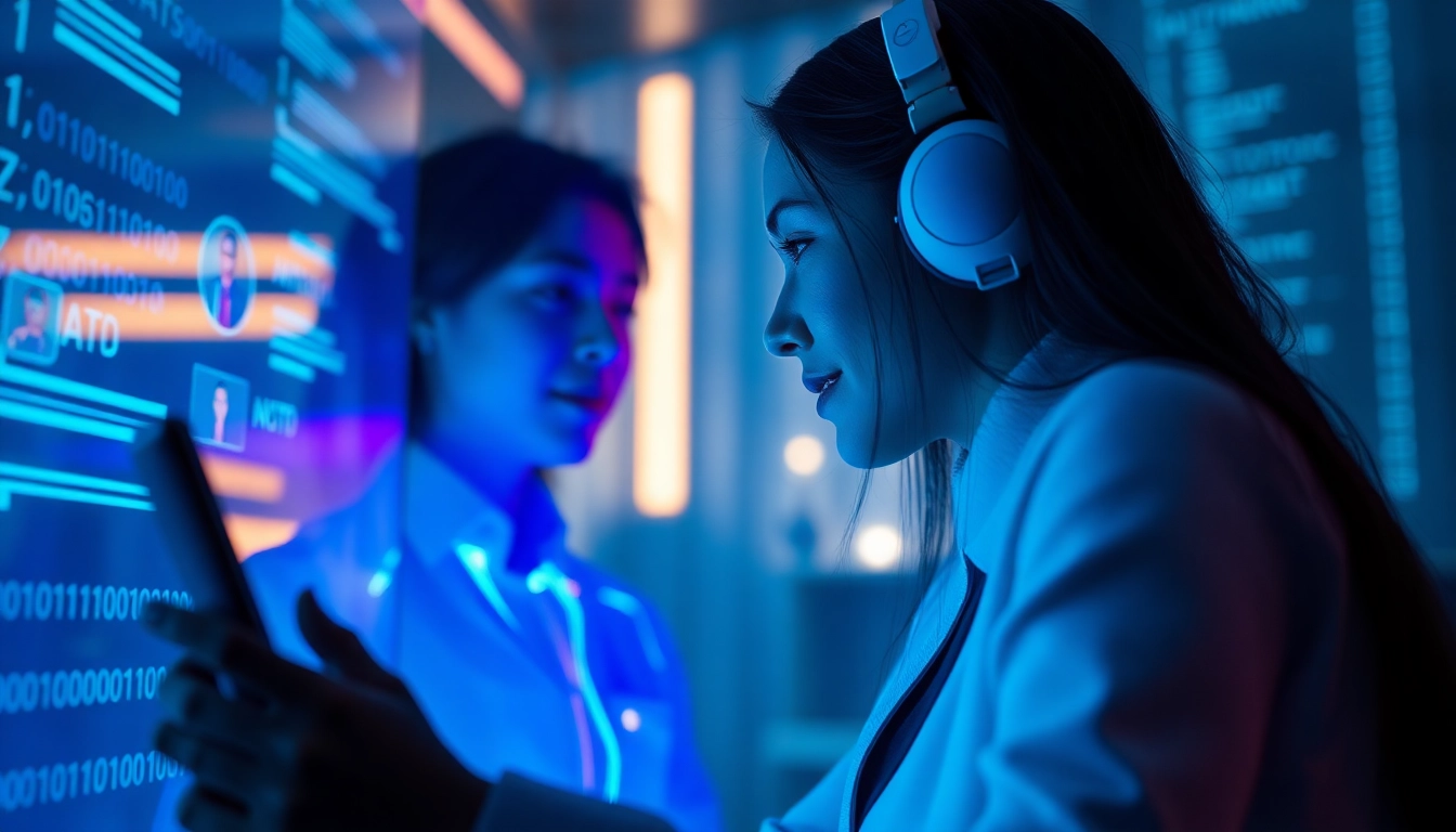 Engaging in AI sexchat with a lifelike avatar in a futuristic digital environment.