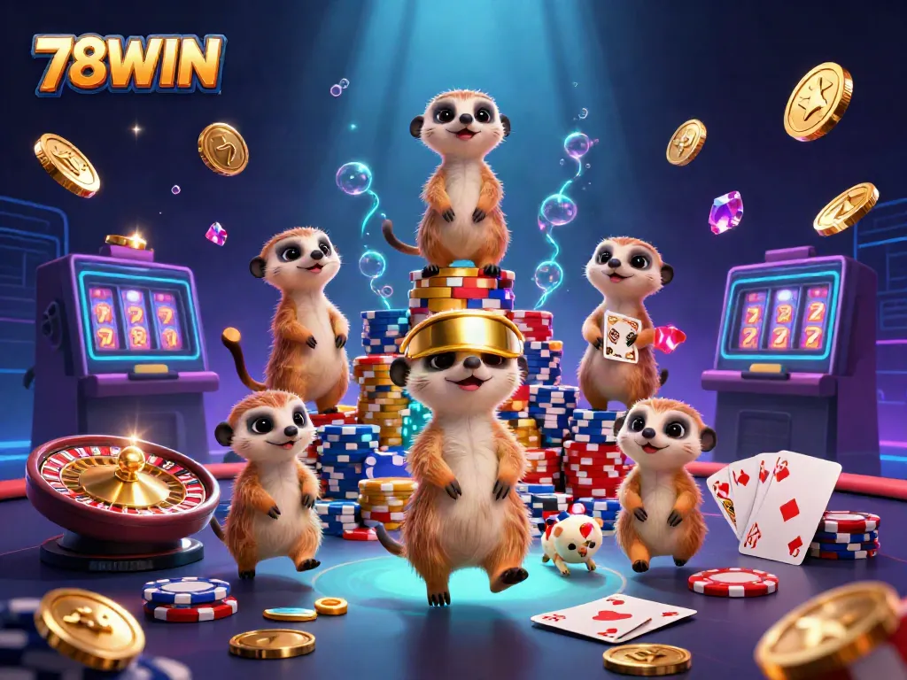 Engage with 78WIN's vibrant casino scene featuring lively meerkats and dynamic gaming elements.