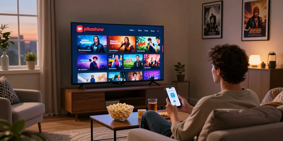 Pikashow APK download scene with a user watching movies on a smart TV, surrounded by snacks in a cozy living room.