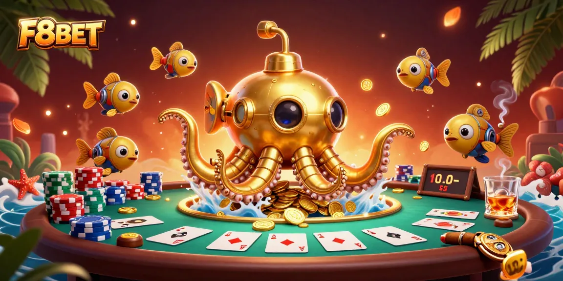 Win big with F8BET as the golden kraken submarine emerges from coins in an exciting casino scene.