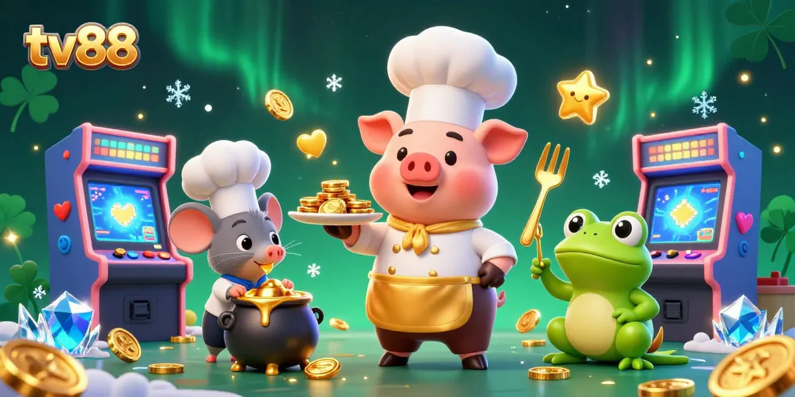 Experience gaming excitement with tv88 as a 3D chef pig serves gold coins, showcasing unique casino elements.