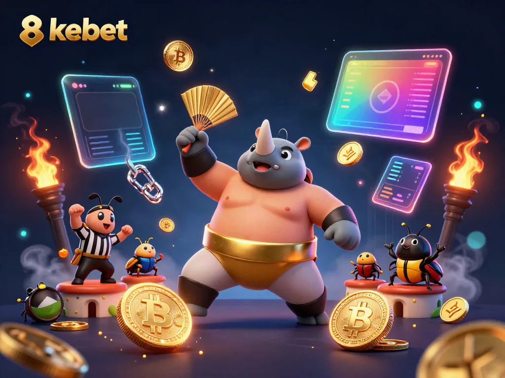 Experience thrilling wins with 8xbet’s exciting gameplay featuring a beetle sumo champion surrounded by dynamic casino elements.