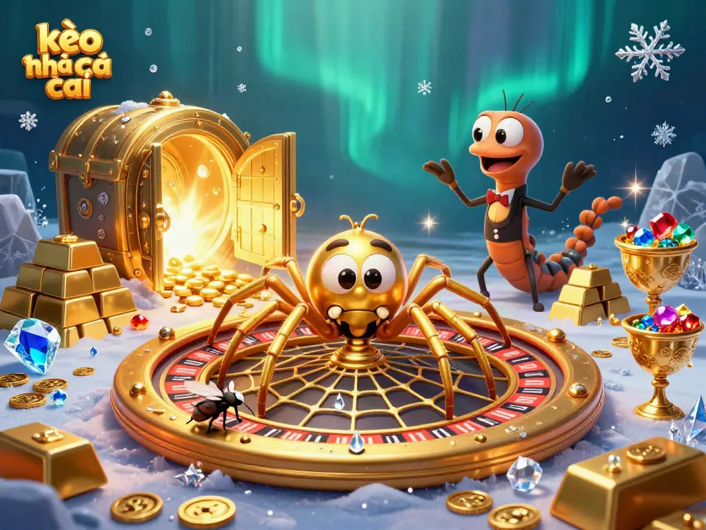 Catching the thrill of kèo nhà cái as a fly bets nervously at a roulette-shaped web spun by a golden spider