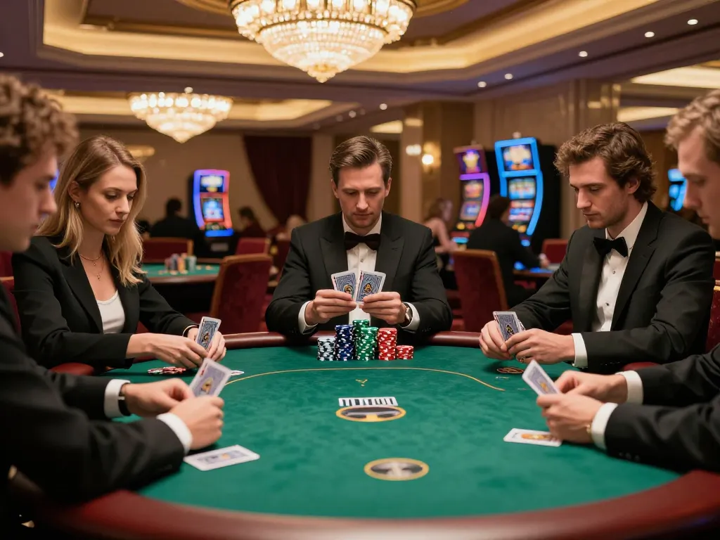 Players engaged in a strategic poker game at a luxury casino, featuring 89bet chips and cards.