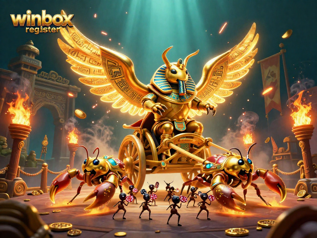 Join the excitement and win with Winbox register, featuring a powerful golden scarab and scorpions in a dramatic casino scene.