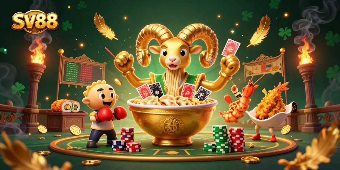 Join the action with SV88 in this vibrant casino scene featuring a golden ramen bowl dealer and themed characters.