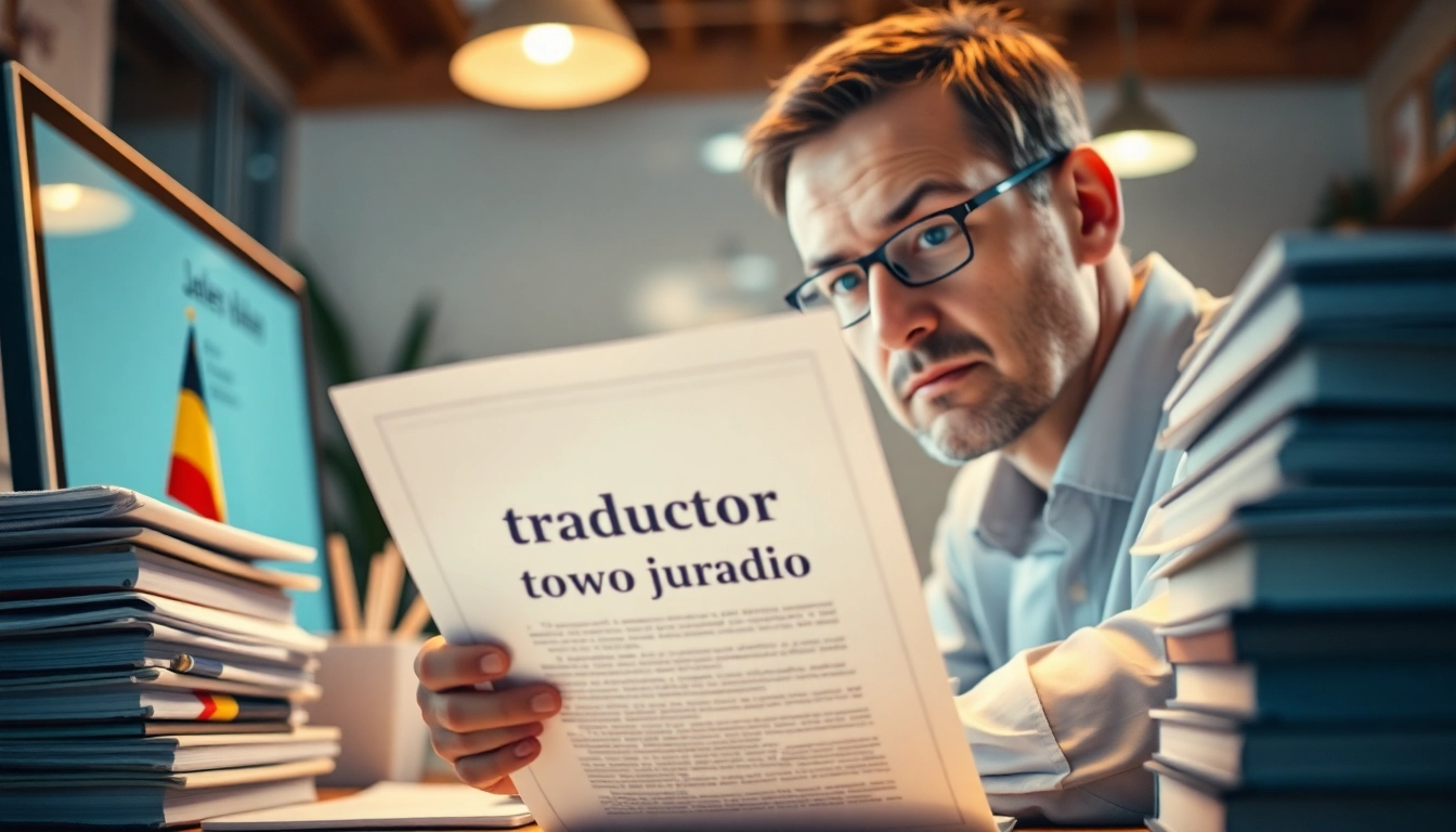 Professional translator working with documents marked 'traductor jurado' in a bright office.