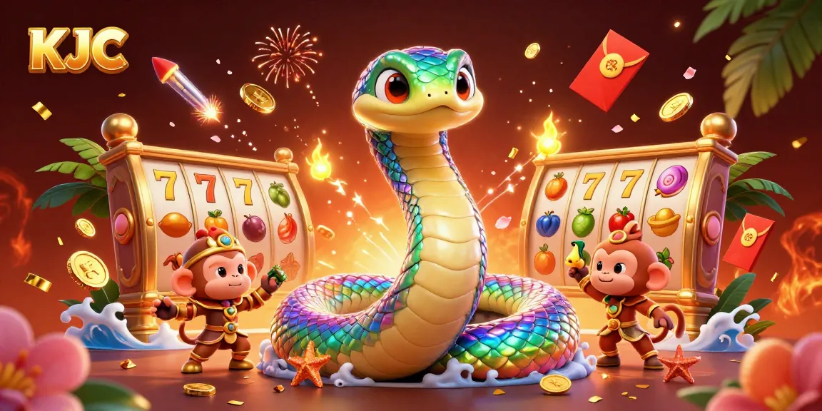 KJC showcases a vibrant 3D casino scene with a rainbow serpent and monkey king celebrating big wins.