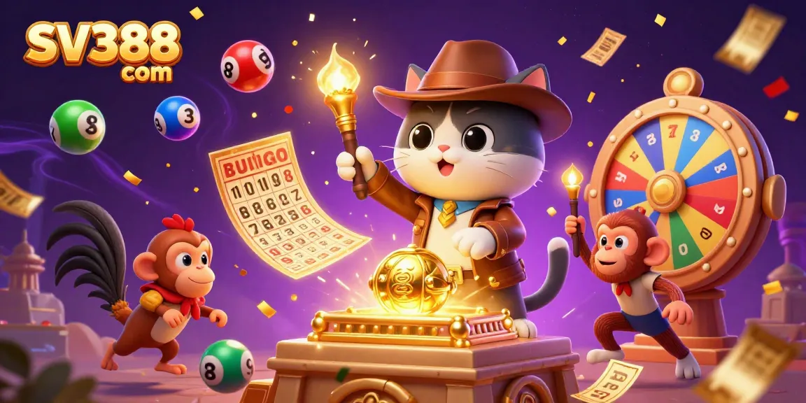 Engage with SV388 com as a cartoon explorer cat uncovers casino treasures in a vibrant cockfighting scene.