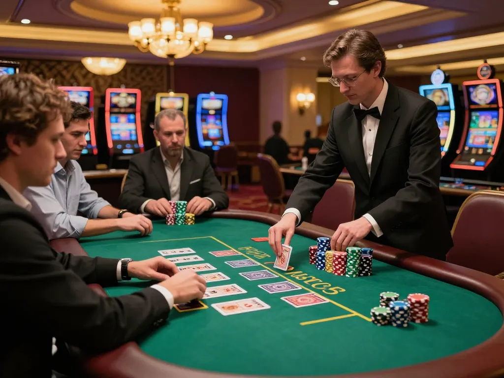 Players engage in a thrilling game of blackjack at 13win, showcasing vibrant chips and intense focus.