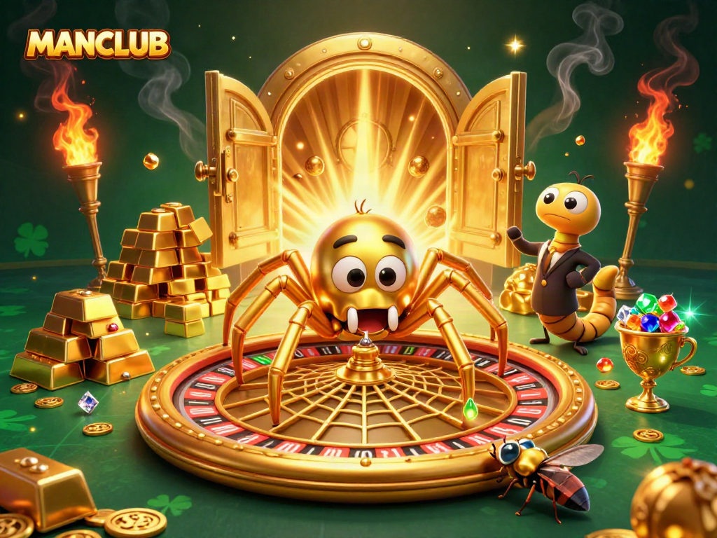 Spin the roulette wheel with MANCLUB's lucky golden spider while placing daring bets in this vibrant casino scene.