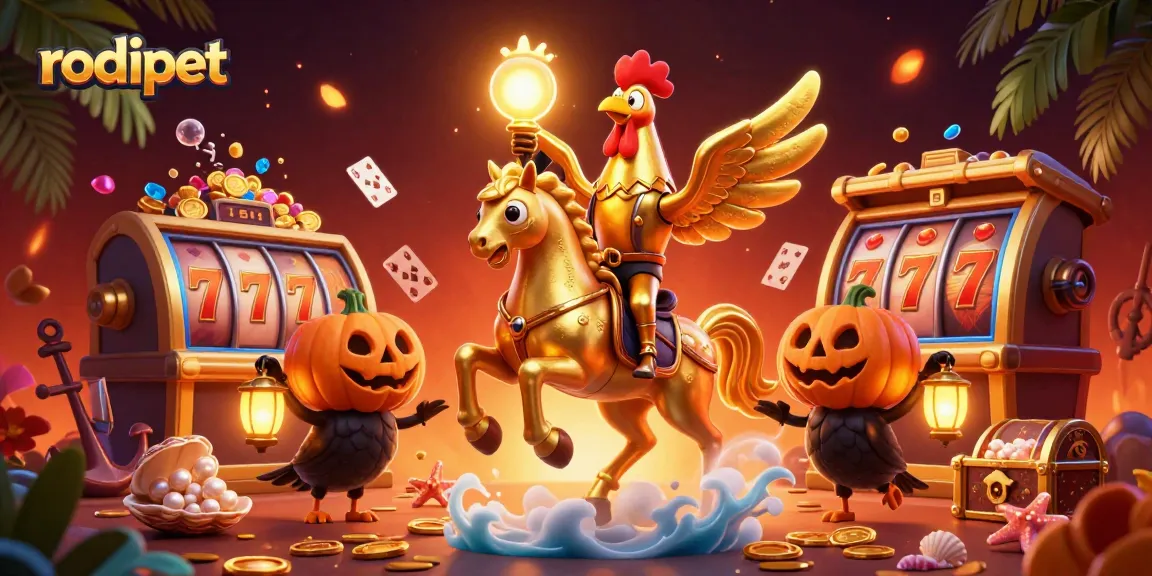 Play slots with rodipet's golden rooster in a vibrant, magical midnight casino scene.