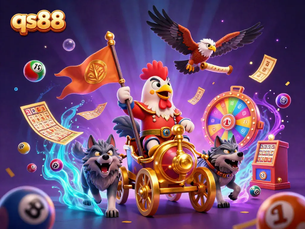 qs88 interactive gaming scene with a rooster warlord and lottery elements bringing excitement.