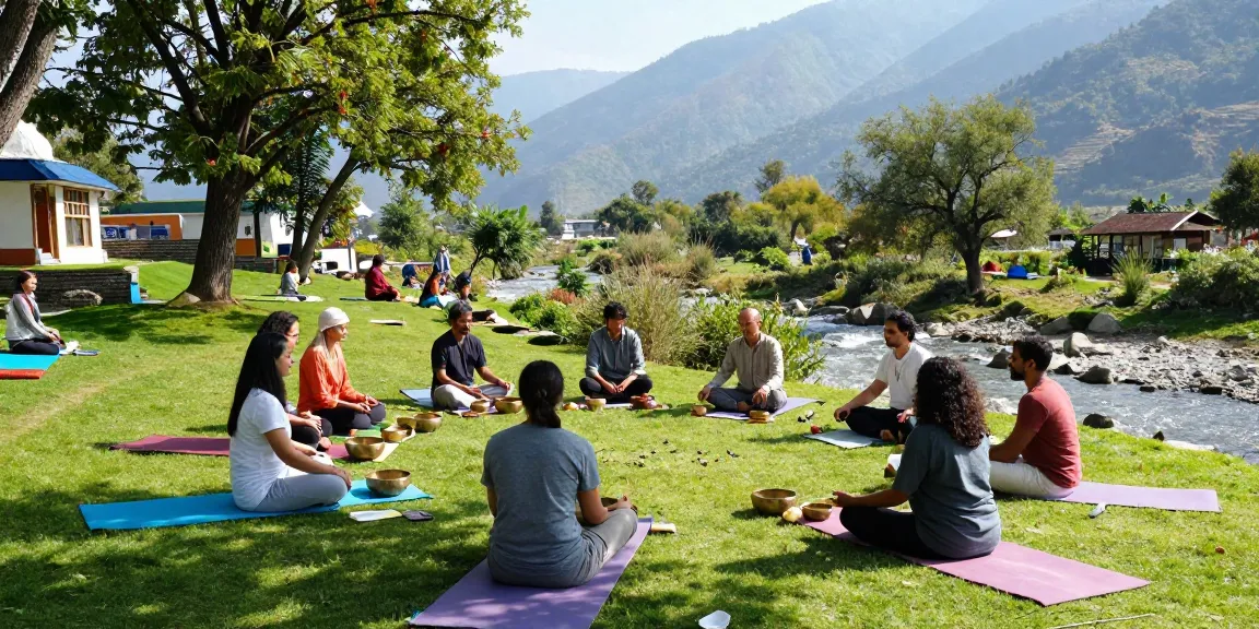 Sound healing course in Rishikesh India featuring participants meditating with Tibetan singing bowls in serene Himalayan landscape.