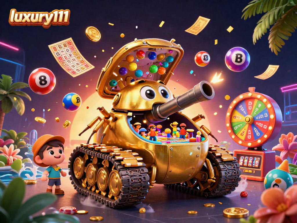 Experience the vibrant world of luxury111 with a captivating casino scene filled with lottery excitement and dynamic gaming elements.