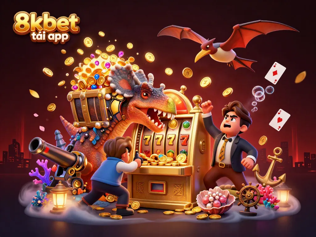 Experience exciting gameplay with 8xbet tải app as a dinosaur headbutts a slot machine in an animated casino scene.