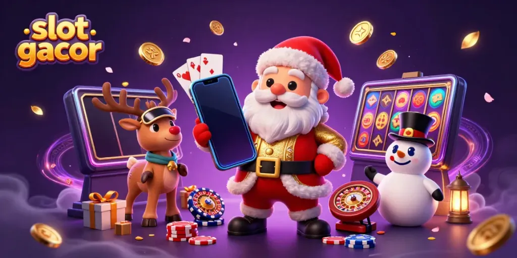 Engaging scene of Santa Claus and friends with smartphone showcasing slot gacor games, abundant casino elements