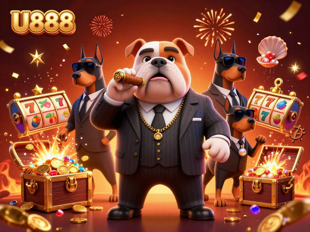 U888 showcases thrilling gameplay with a cartoon mafia boss and Doberman bodyguards amid explosive riches.