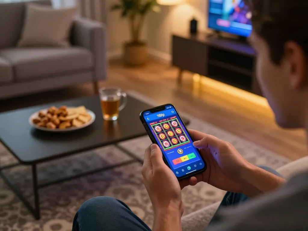 Player engaging with the 789p app on a smartphone, showcasing online casino excitement in a cozy setting.
