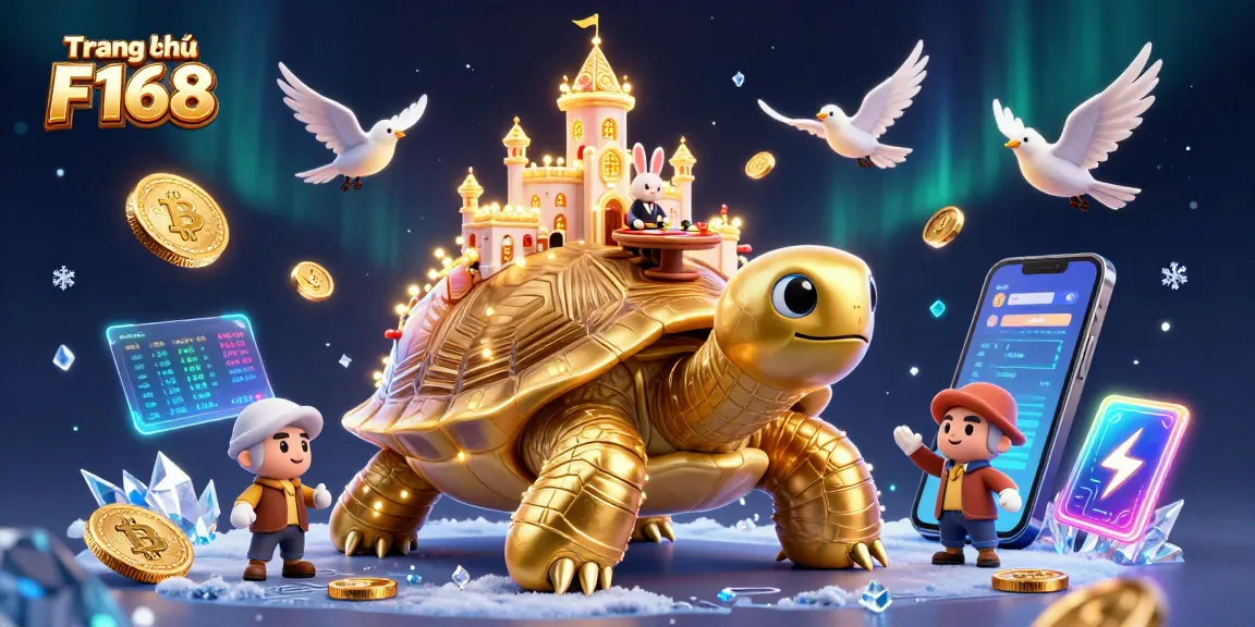 Experience the excitement of Trang chủ F168 with a vibrant 3D casino scene featuring a golden tortoise and a rabbit dealer.
