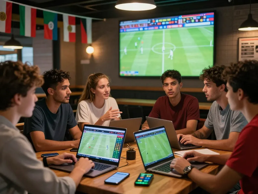Soccer fans analyzing live scores and betting odds on NOWGOAL in a vibrant sports bar setting.