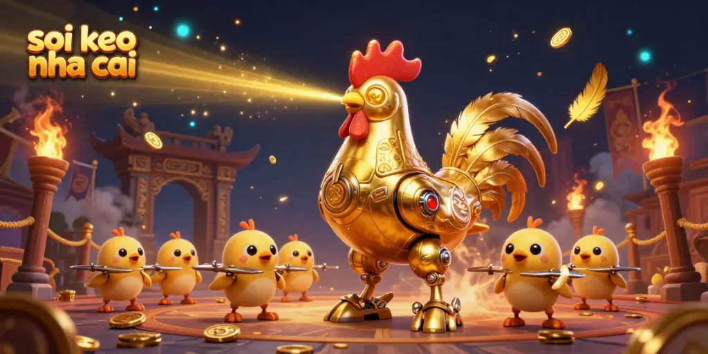 Experience the excitement of soi keo nha cai with a golden rooster robot and baby chick drones in an engaging casino scene.