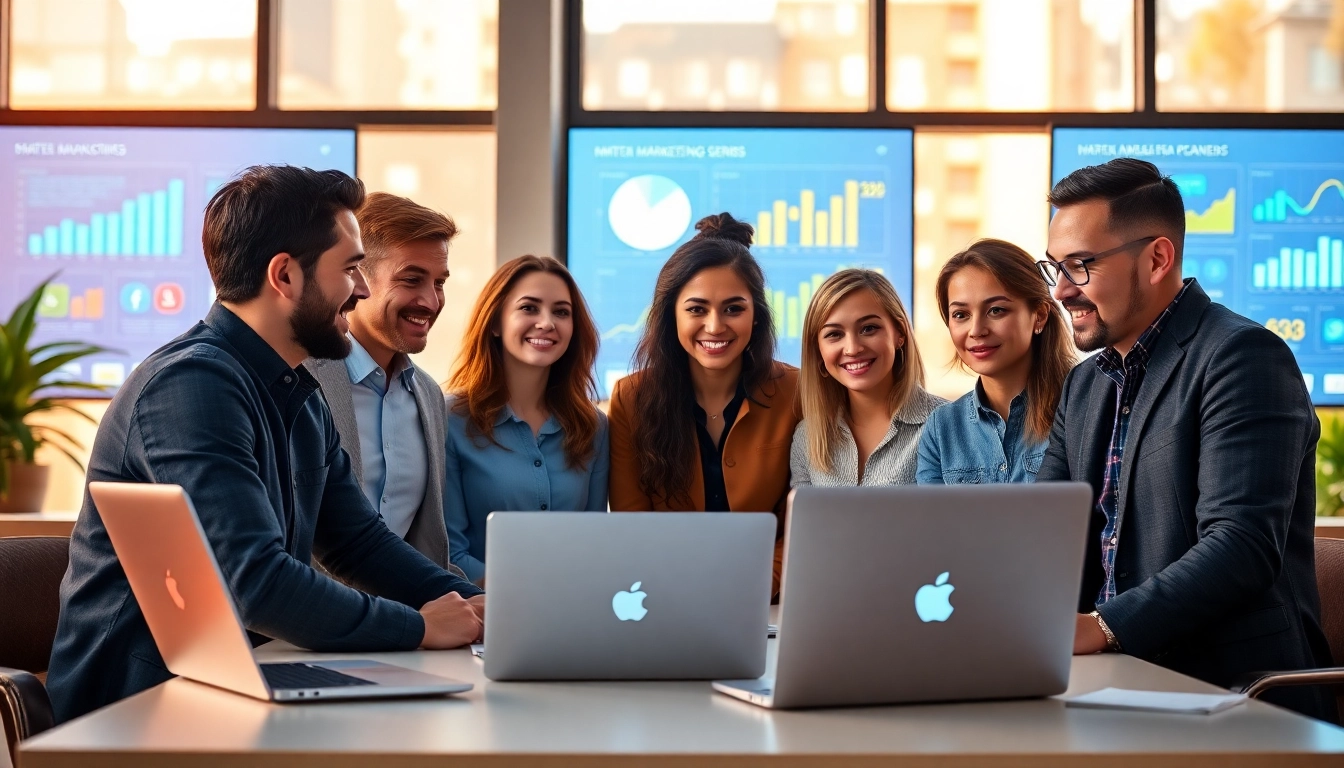 Dynamic team at a digital marketing agency analyzing data and collaborating effectively.