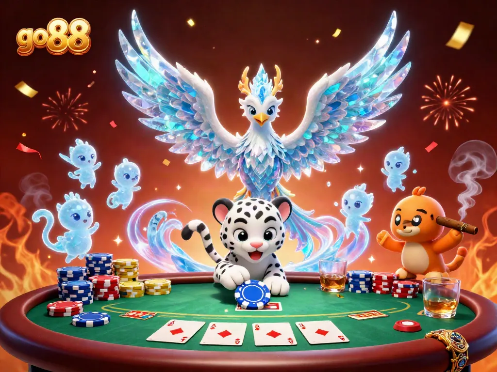 Experience the excitement of go 88 with an ice phoenix amidst poker chips and dazzling effects