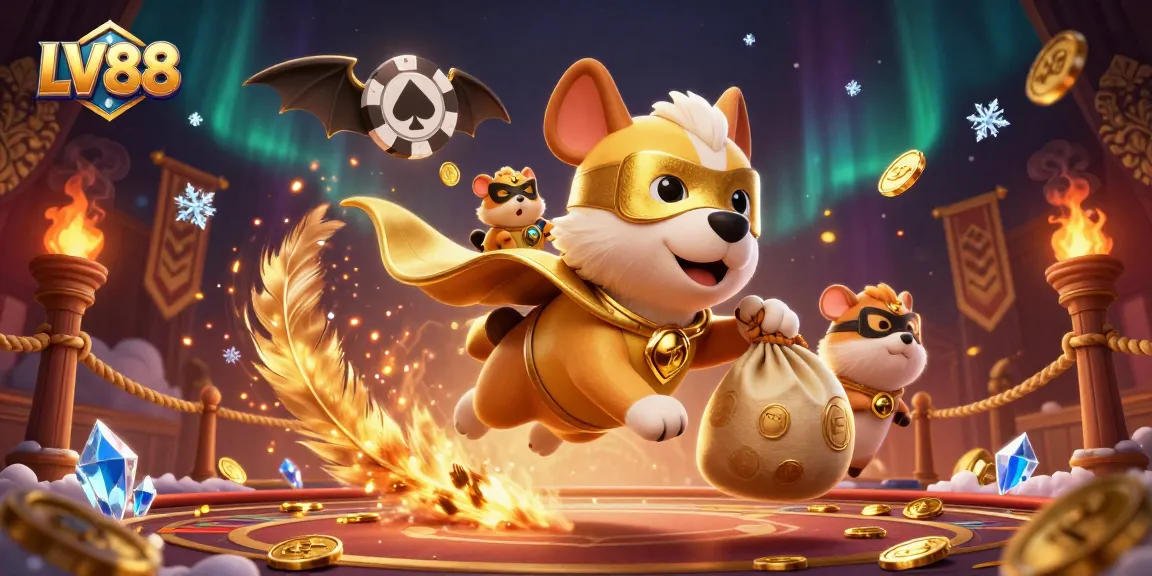 Experience thrilling gameplay at LV88 with a dynamic illustration featuring a superhero dog and hamster in a rich casino atmosphere.