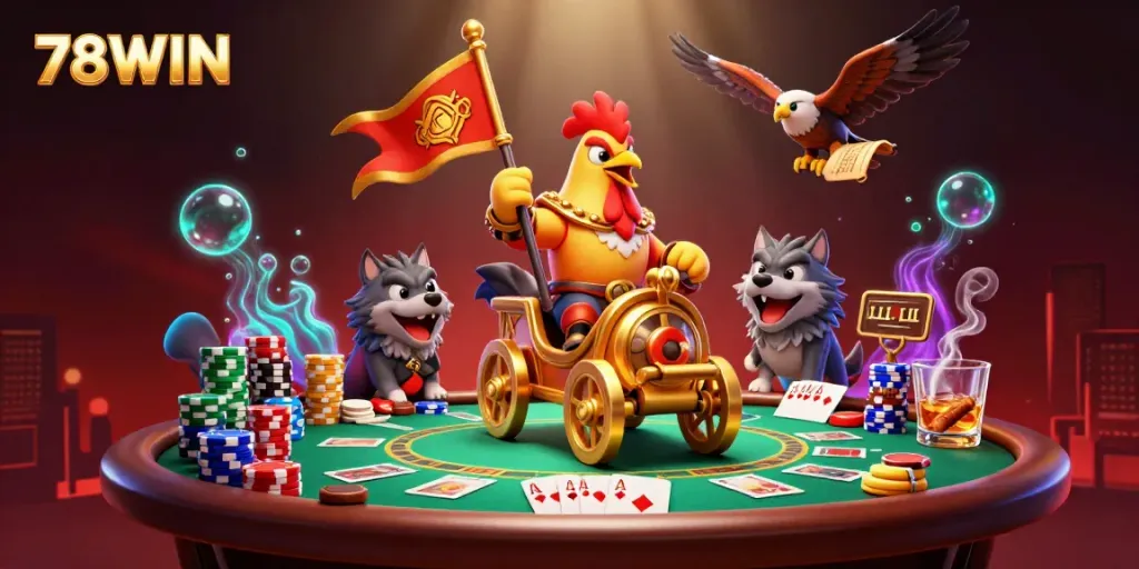 Experience thrilling gameplay with 78WIN featuring a dynamic scene of a rooster warlord and poker elements.