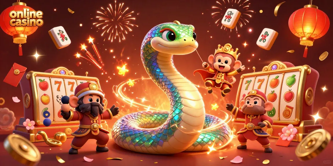 Experience thrilling moments at our online casino with a vibrant 3D illustration of a swinging monkey king and a rainbow serpent.