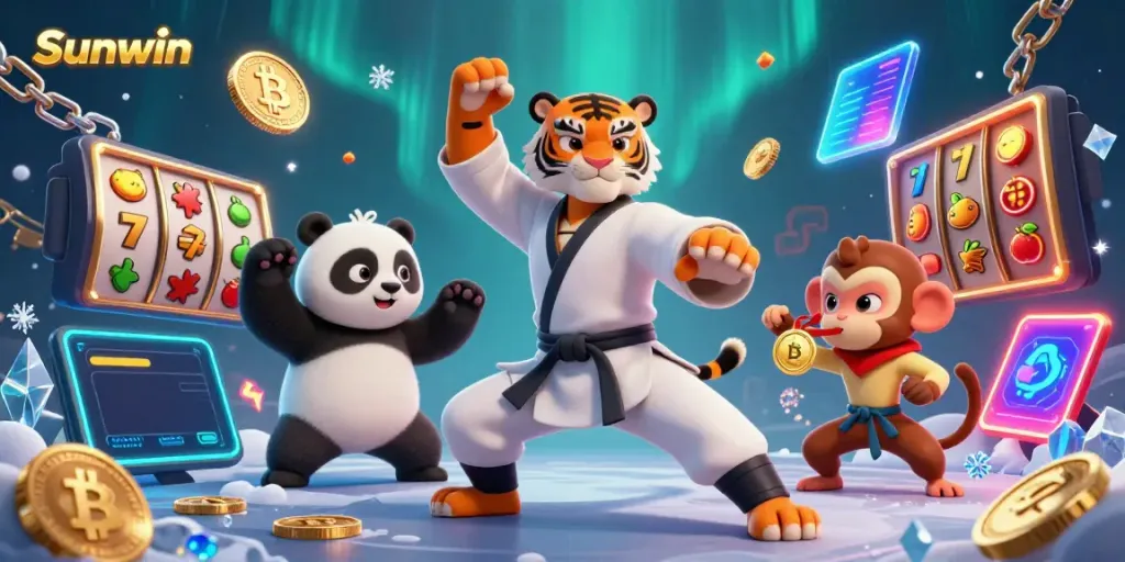Engage with Sunwin's vibrant casino scene showcasing a kung fu tiger, panda, and monkey among slot reels and crypto coins.