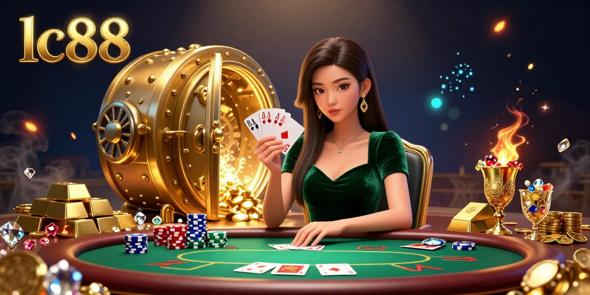Engage with lc88's thrilling poker experience featuring a strategic player amidst wealth and treasure.