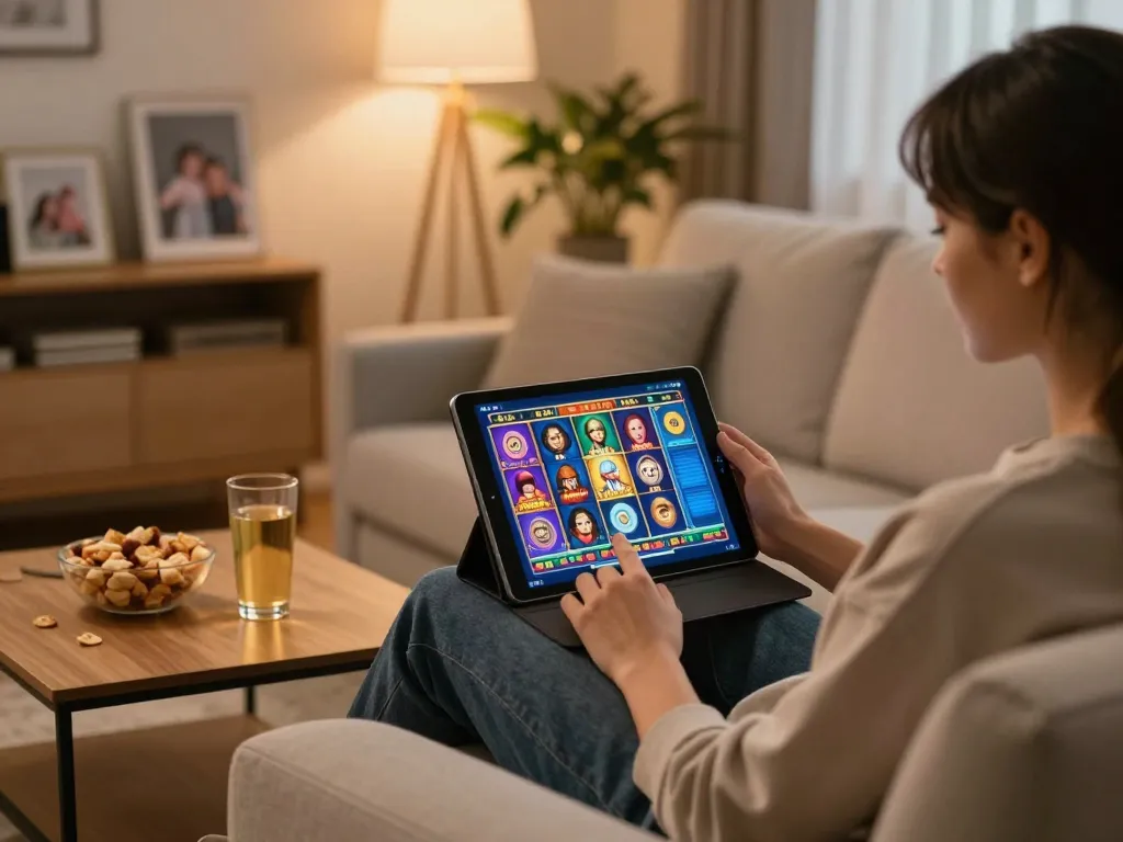 Player enjoys online slot gaming with TG88 in a cozy living room atmosphere.