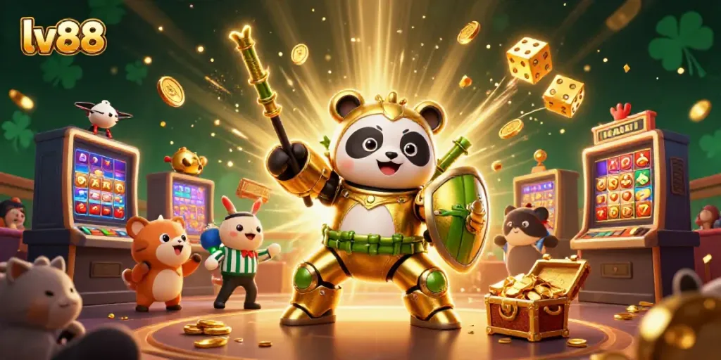 Experience the excitement of lv88 with a vibrant 3D scene of a golden panda mech in a casino
