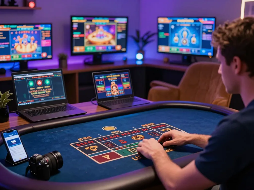 Player enjoying online casino games with TG88 app on tablet, showcasing strategic betting moments.