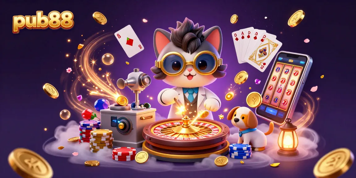 Experience the excitement at pub88 with a dynamic 3D casino scene featuring a mad scientist cat!